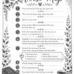 May include: Black and white illustrated guide titled "How to Verse Map" with steps for studying scripture. Includes a Bible, a coffee cup, and floral decorations. The guide provides a structured approach to understanding biblical verses.
