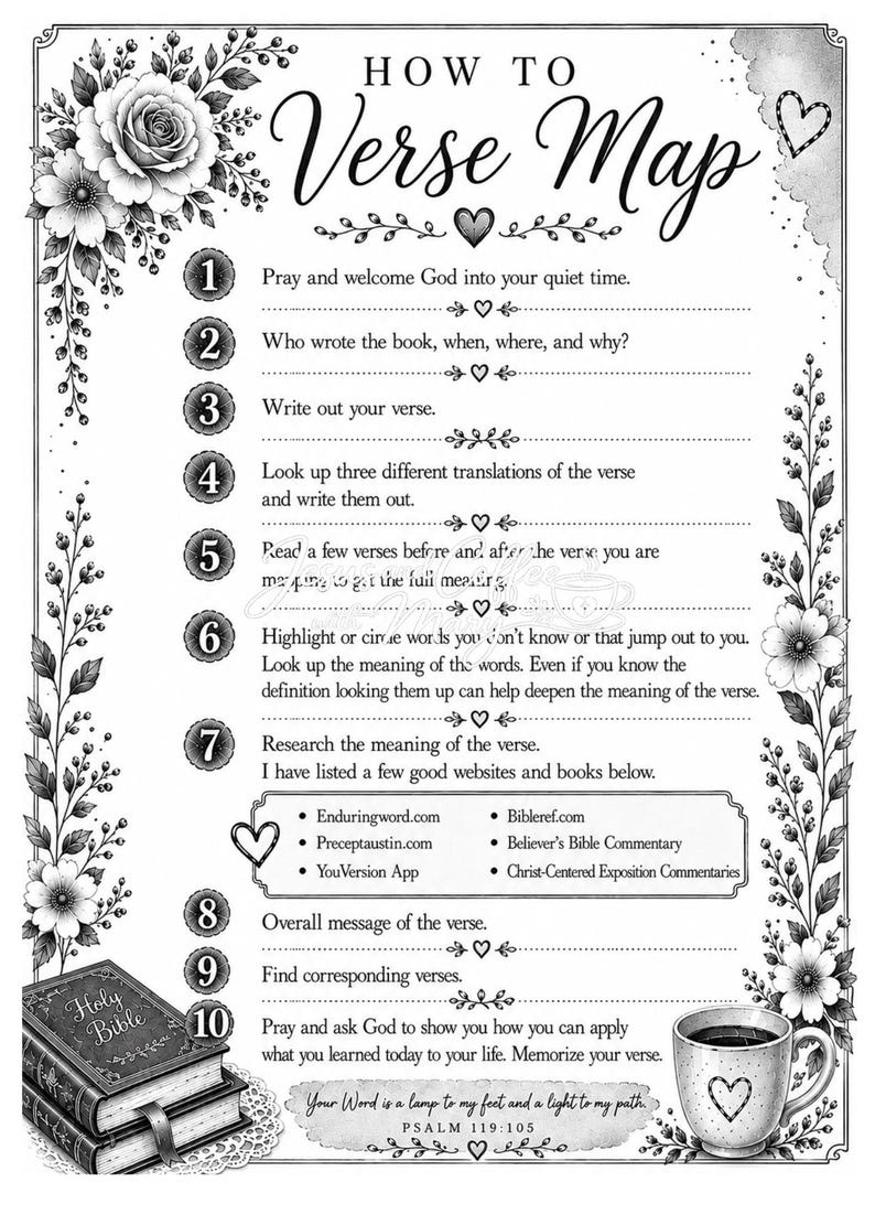 May include: Black and white illustrated guide titled "How to Verse Map" with steps for studying scripture. Includes a Bible, a coffee cup, and floral decorations. The guide provides a structured approach to understanding biblical verses.