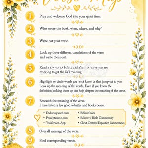 May include: A decorative guide titled "How to Verse Map" with a floral border. The guide provides steps for studying scripture, including prayer, verse analysis, and website resources. A cup of coffee and a Bible are also shown.