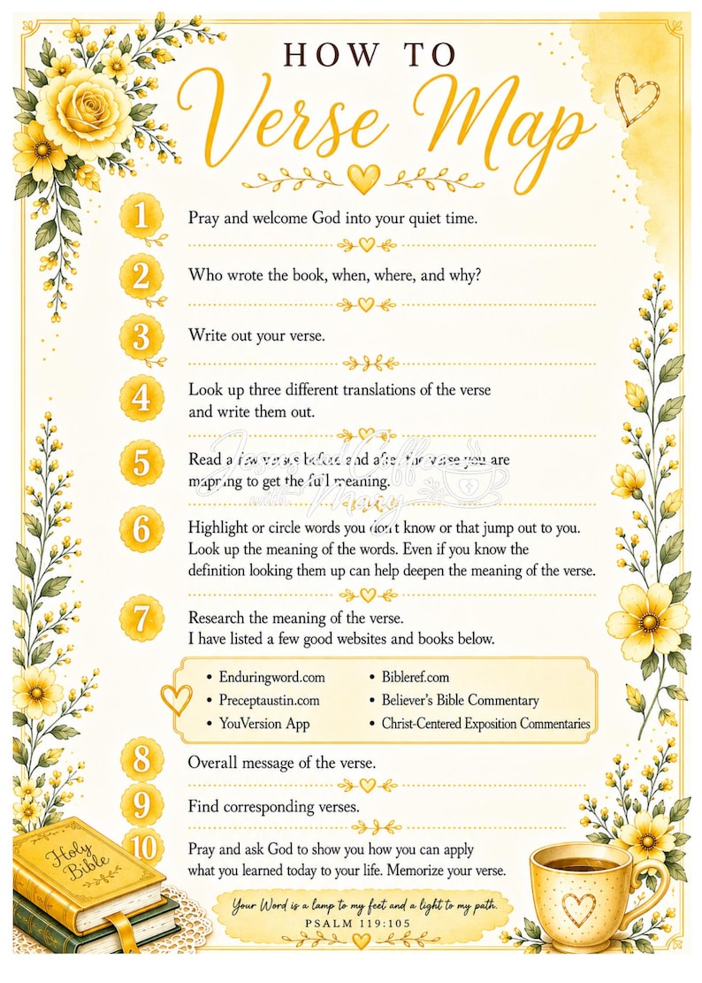 May include: A decorative guide titled "How to Verse Map" with a floral border. The guide provides steps for studying scripture, including prayer, verse analysis, and website resources. A cup of coffee and a Bible are also shown.