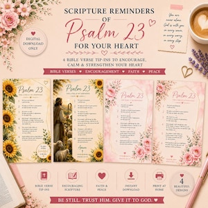 Pode incluir: Download digital de lembretes das Escrituras do Salmo 23. O design apresenta quatro belos designs com detalhes florais, girassóis e o texto "Lembretes das Escrituras do Salmo 23 para o seu coração".