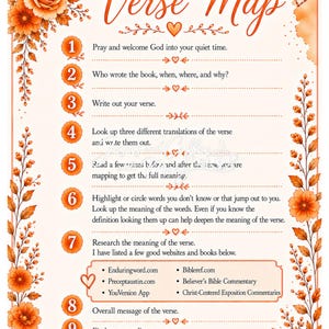 May include: A decorative poster titled "How to Verse Map" with orange floral accents and a heart design. The poster provides a 10-step guide to understanding Bible verses, with text and illustrations. A cup of coffee and a Holy Bible are also shown.