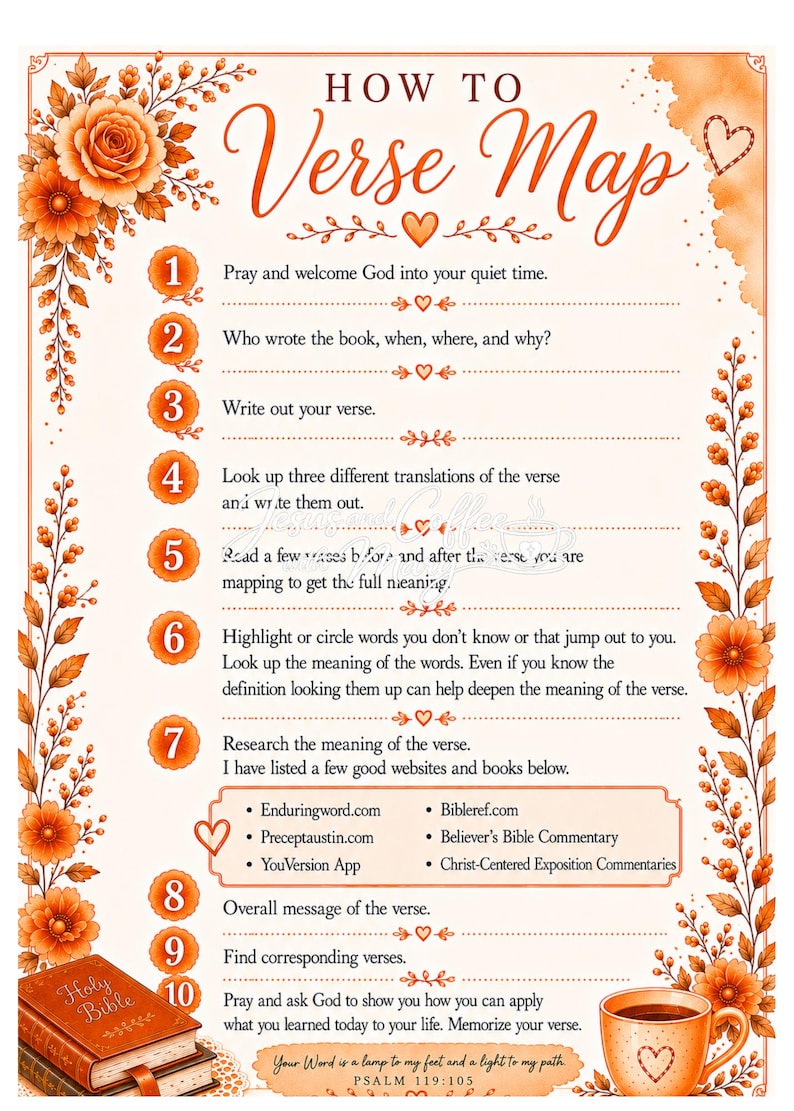 May include: A decorative poster titled "How to Verse Map" with orange floral accents and a heart design. The poster provides a 10-step guide to understanding Bible verses, with text and illustrations. A cup of coffee and a Holy Bible are also shown.