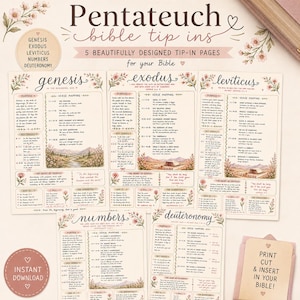 May include: A set of five Bible tip-in pages with floral illustrations and text. The pages include the books of Genesis, Exodus, Leviticus, Numbers, and Deuteronomy. The text includes "Pentateuch bible tip ins" and "5 beautifully designed tip-in pages for your Bible."