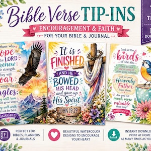 Op de afbeelding: Een digitale collectie van 15 Bible Verse Tip-Ins met aquarelillustraties van een adelaar, een kruis en een vogel. De tekst bevat Jesaja 40:31, Johannes 19:29 en Mattheüs 6:26. Deze printbare PDF-downloads zijn voor bijbels en dagboeken.