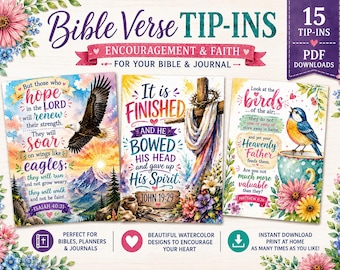 Beautiful Watercolor Scripture Tip-Ins Set 2 | Bible Journaling Printable | 14 Christian 5x7 Bible Verse Cards | Instant Download PDF