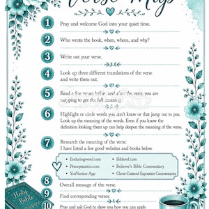 May include: A teal and white illustrated guide titled "How to Verse Map" with steps for studying scripture. Includes a stack of books labeled "Holy Bible" and a coffee cup. Floral and heart accents.