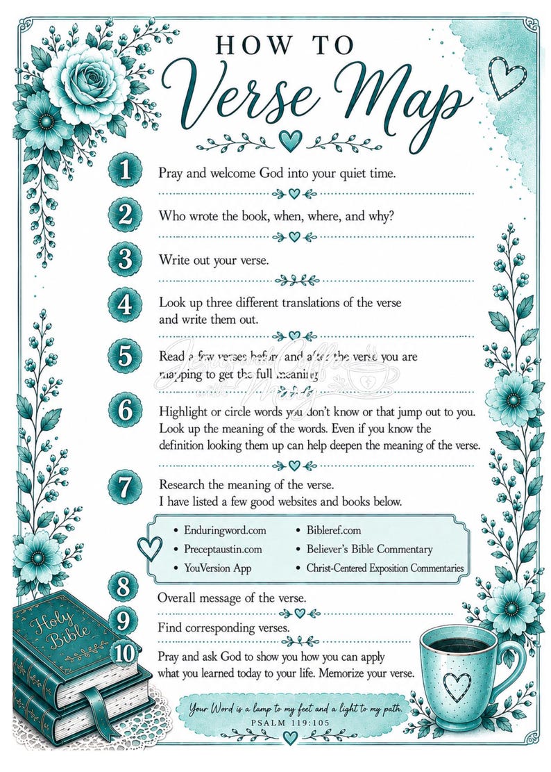 May include: A teal and white illustrated guide titled "How to Verse Map" with steps for studying scripture. Includes a stack of books labeled "Holy Bible" and a coffee cup. Floral and heart accents.
