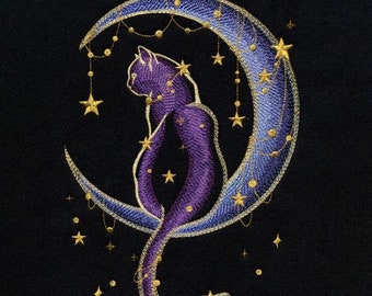 Under Stars Kitty sitting in the moon, Halloween cat? Maybe.Embroidered kitchen terry waffle towel.