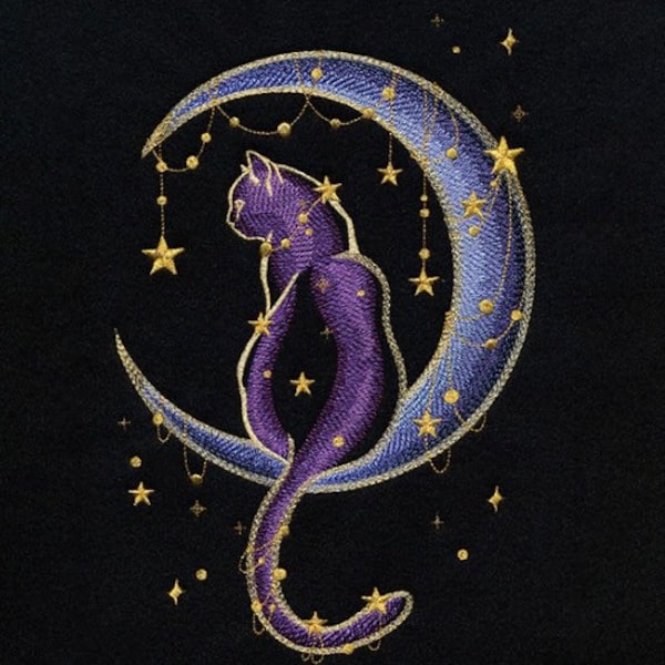 Under Stars Kitty sitting in the moon, Halloween cat? Maybe.Embroidered kitchen terry waffle towel.