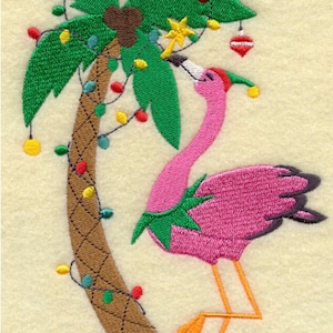 Tropical Christmas Flamingo Palm Tree  waffle weave embroidered towel.