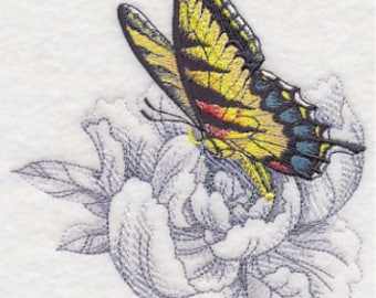 Garden Peony and Butterfly embroidered kitchen towel.