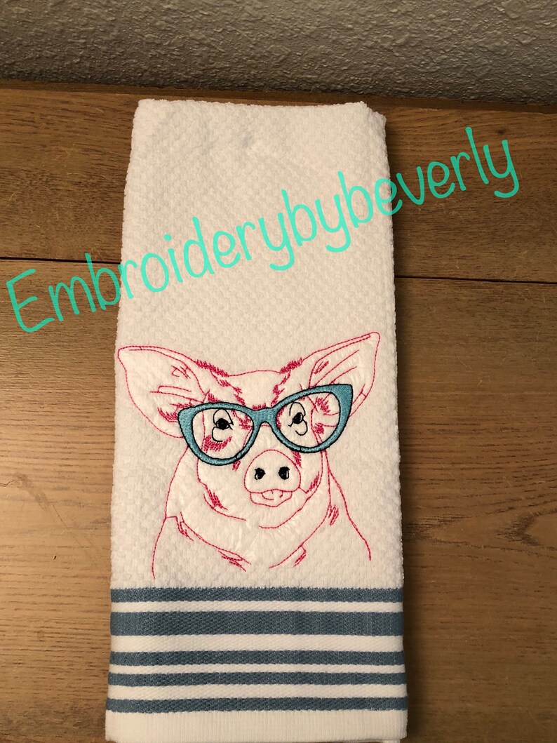 One Smart Pig With Glasses Embroidered In Blue Striped Terry Etsy