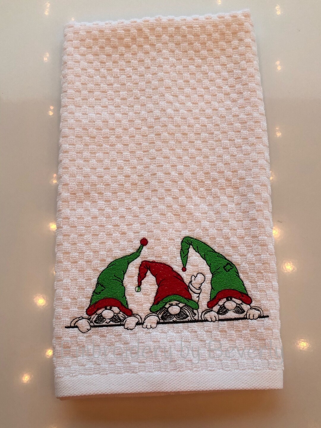 Peeking Christmas Gnomes, Embroidered Towel Kitchen Towel, Hand Towel