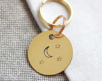 Dog ID Tag, Moon and Stars, Celestial Hand Stamped Brass Personalised Pet Tag