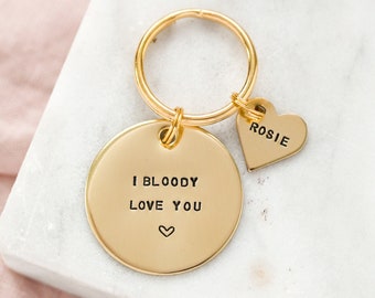 I bloody love you valentines gift keyring, personalised with name hearts