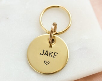 Dog ID Tag Personalised with name, Dainty Heart, Hand stamped Brass Pet Tag