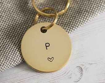 Personalised Initial Dog ID Tag, Handstamped Brass Pet Tag with heart