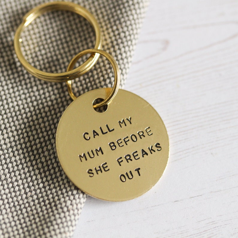 Dog ID Tag, Call My Mum Before She Freaks Out, Personalised Hand Stamped Brass Pet Tag image 2