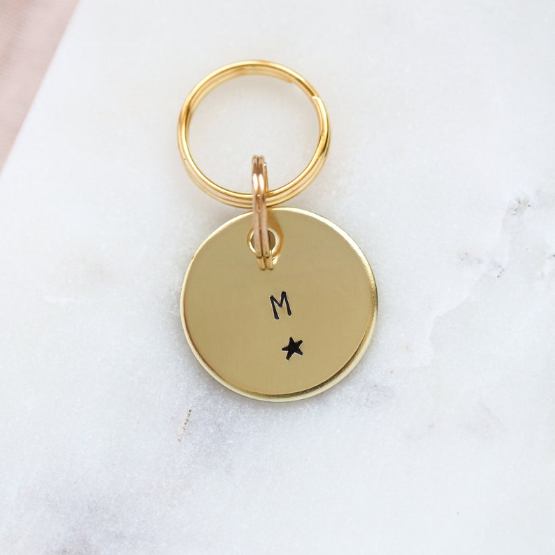 Initial Dog ID Tag Personalised with initial Star Handstamped Brass Pet Tag image 1