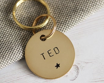 Personalised Dog ID tag, Handstamped Brass Pet Name Tag with Star