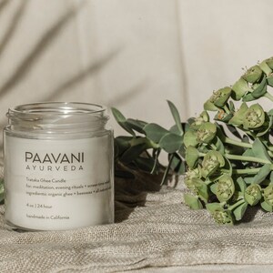May include: A white candle in a clear glass jar with a white label that reads "Paavani Ayurveda" and "Trataka Ghee Candle" for meditation, evening rituals + screen time with all natural ingredients: organic ghee + beeswax + all-natural essential oils. 4 oz | 24 hour handmade in California.