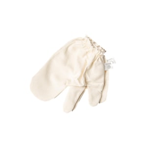 May include: A pair of white cotton oven mitts with a gathered elastic cuff. The mitts are designed to protect hands from heat while cooking or baking.