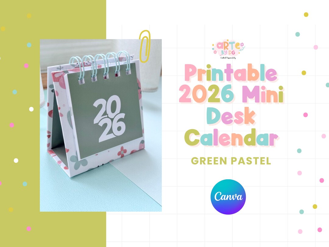 Calendario de escritorio imprimible 2026 en tonos verde pastel / Mini ...