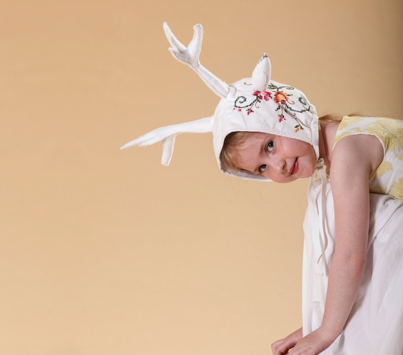 White Deer Hat with antlers made from vintage embroidery