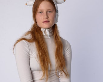 White Deer Hat with antlers made from vintage embroidery