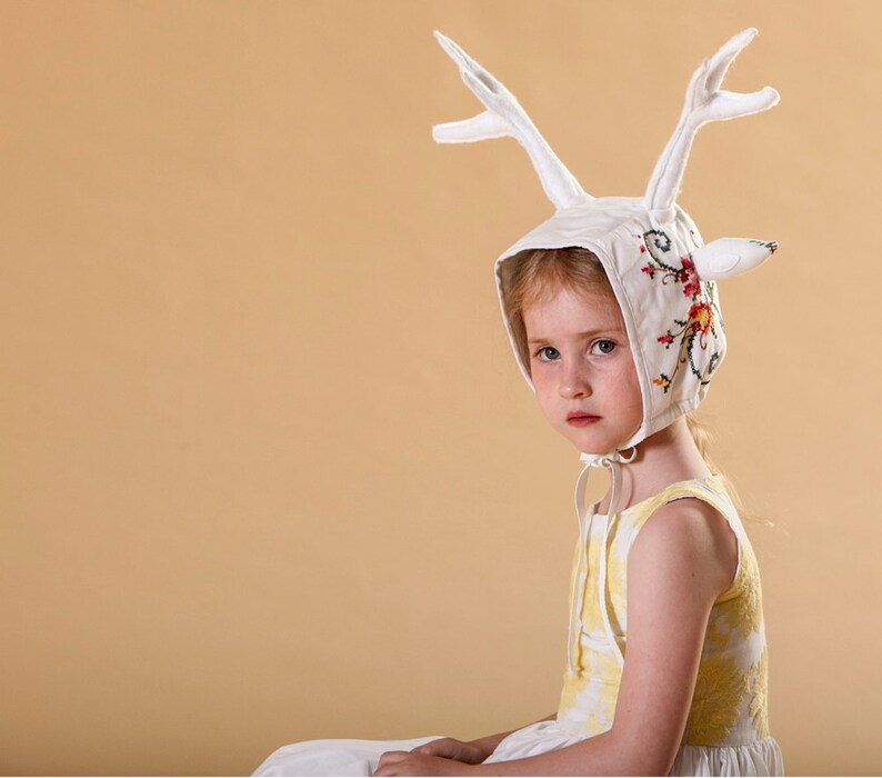 White Deer Hat with antlers made from vintage embroidery