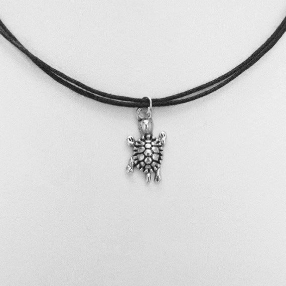Turtle Charm Pendant Choker Necklace with Black Cord