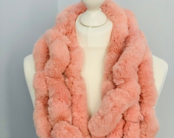 Peach Recycled Rabbit Fur Scarf Shawl Infinity Scarf Peach Stole Peach Snood by Kuati Mayfair