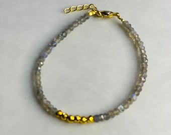 Grey Labradorite semi Precious Stone and Gold plated on Silver Bead Bracelet