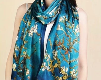 Blue Art Print Scarf Satin Silk scarf Van Gogh Floral Painting Scarf Silk Scarf Vintage Silk scarf Designer Silk Scarf Sleep Kuati Mayfair