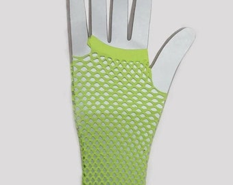 May include: A neon green, fingerless fishnet glove. The glove is made of a mesh material and has a bright, vibrant color. The glove is designed to cover the hand and forearm, with an opening for the fingers.