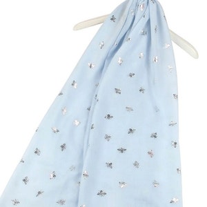 Light Blue Silver Foil Bee Print Scarf Baby Blue Scarf Bee Scarf Silver Bee Print Bee Gifts Personalised Scarf by Kuati Mayfair