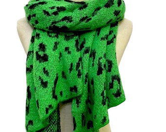 Green Black Leopard Print Metallic Thread Knitted Wool Scarf Thick Scarf Soft Scarf Winter Scarf Womens Scarf by Kuati Mayfair