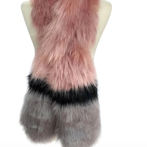 CLEARANCE Pink Black Grey Stripe Long Faux Fur Collar Scarf Winter Scraf FurPersonalised Scarf Fluffy Scarf Furry Scarf by Kuati Mayfair