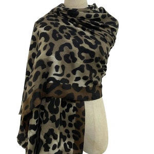 Brown Bold Leopard Print & Stripe Frayed Scarf Shawl Wrap by Kuati Mayafair