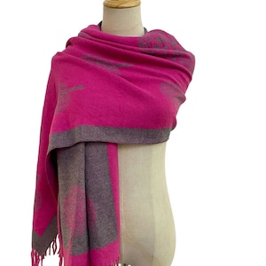 CLEARANCE Grey Bright Pink Tree Print Reversible Tassel Scarf by Kuati Mayfair Fuchsia Pink Scarf Tree Print Scarf Womens Scarf Wool Scarf