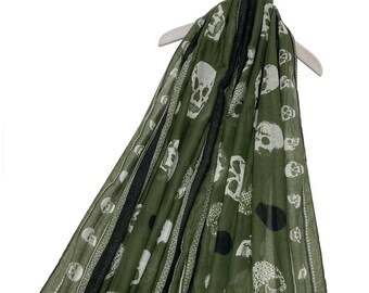 Green Black White Skull Print Scarf Ladies Viscose Scarf