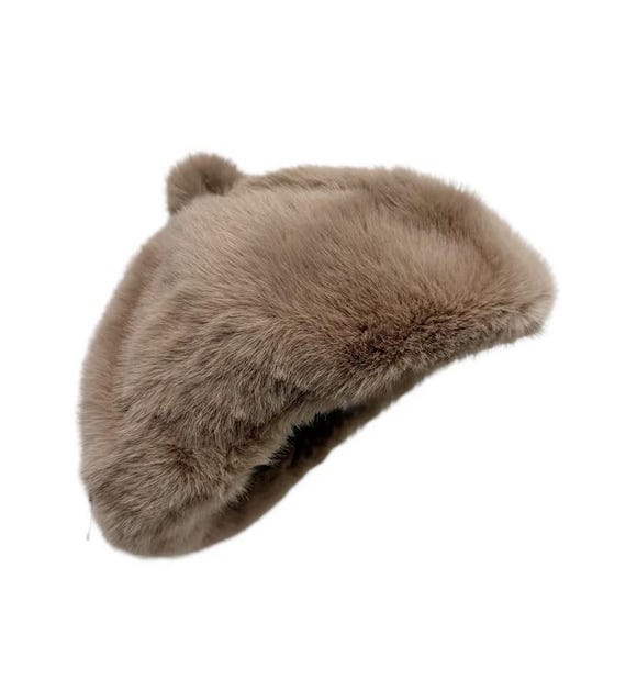Taupe Brown Faux Fur Plain Beret Hat Personalised by Kuati Mayfair