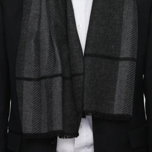 Grey and Navy Plaid Reversible Stripe & Scottish Check Print Frayed Unisex Scarf Mens Scarf Grey Mens Scarf Blue Neck Scarf by Kuati Mayfair