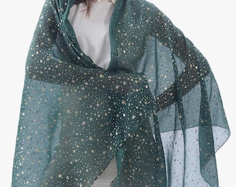 Dark Green Galaxy Star Gold Scarf Lightweight Shawl By Kuati Mayfair