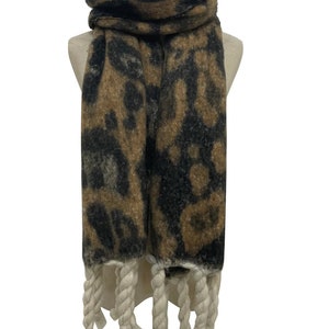 Brown Leopard Print Chunky Tassel Blanket Thick Scarf Leopard Shawl Winter Shawl Blanket Wrap Winter Scarf by Kuati Mayfair