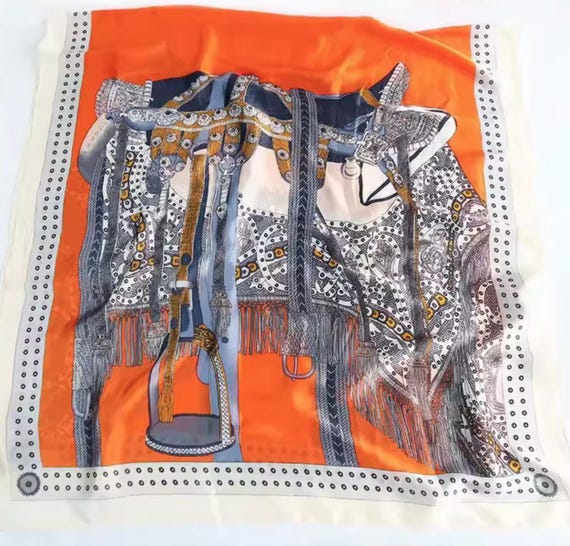 Orange Equestrian Saddle Horse Faux Silk Satin Scarf Shawl  display picture 1