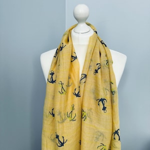 Yellow scarf with Blue Anchor Print Shawl Scarf by Kuati Mayfair