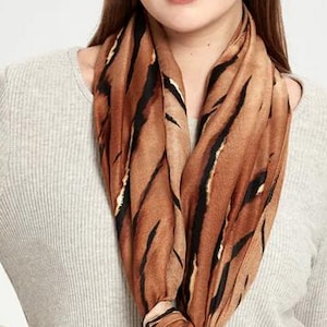Tiger Print Foiled Frayed Scarf Brown Bold Tiger Print Scarf Animal Print Shawl by Kuati Mayfair