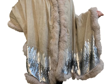 Beige Scarf Cashmere Pashmina Shawl Wrap with Fox Fur Trim and sequin embellishment Cashmere Scarf by Kuati Mayfair